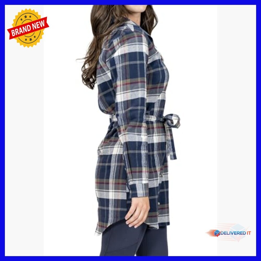 Long Sleeve Plaid Flannel Button Up Tunic Dress with Belt - Picture 3 of 6